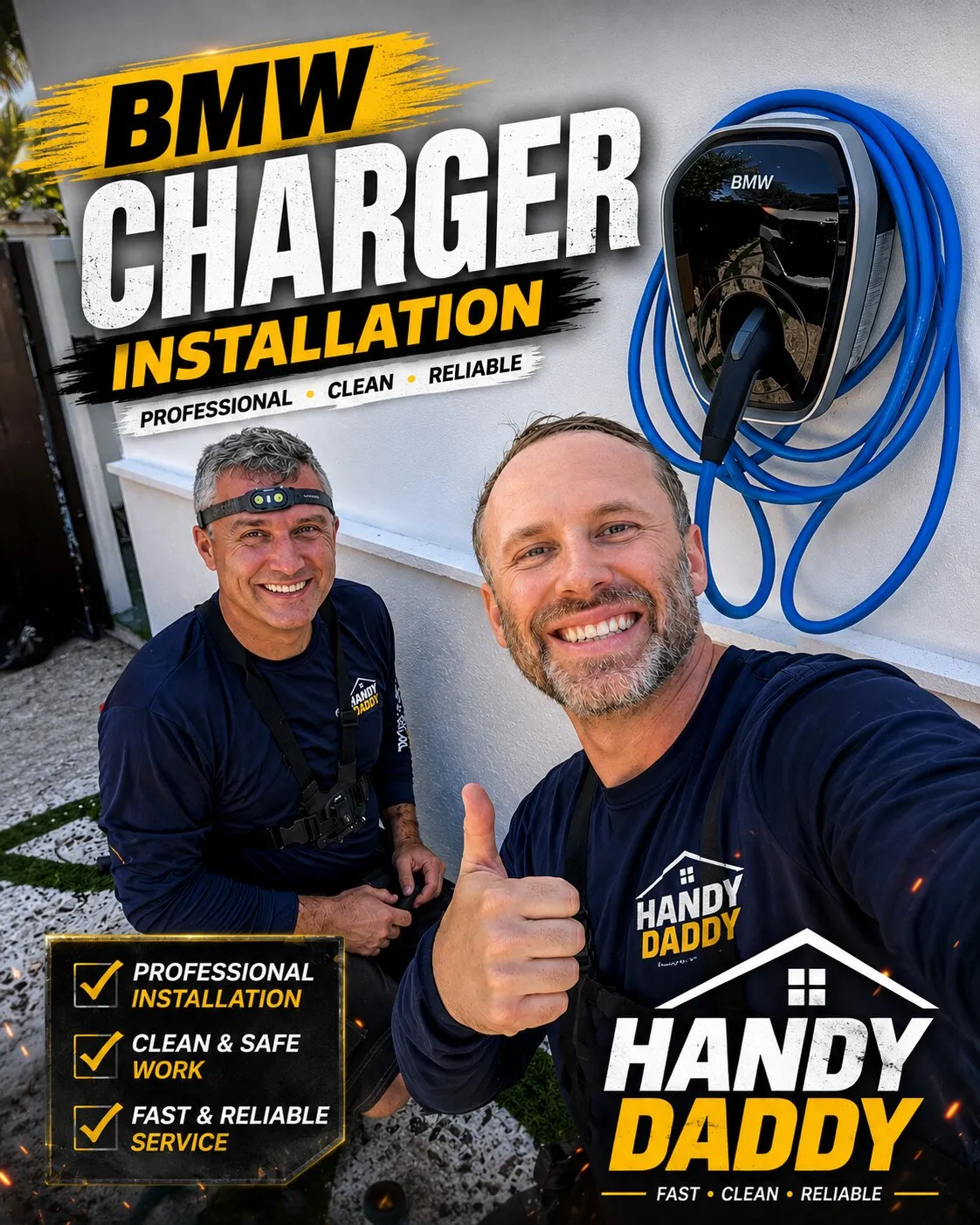 Home EV charger installation with a coiled charging cable in a driveway
